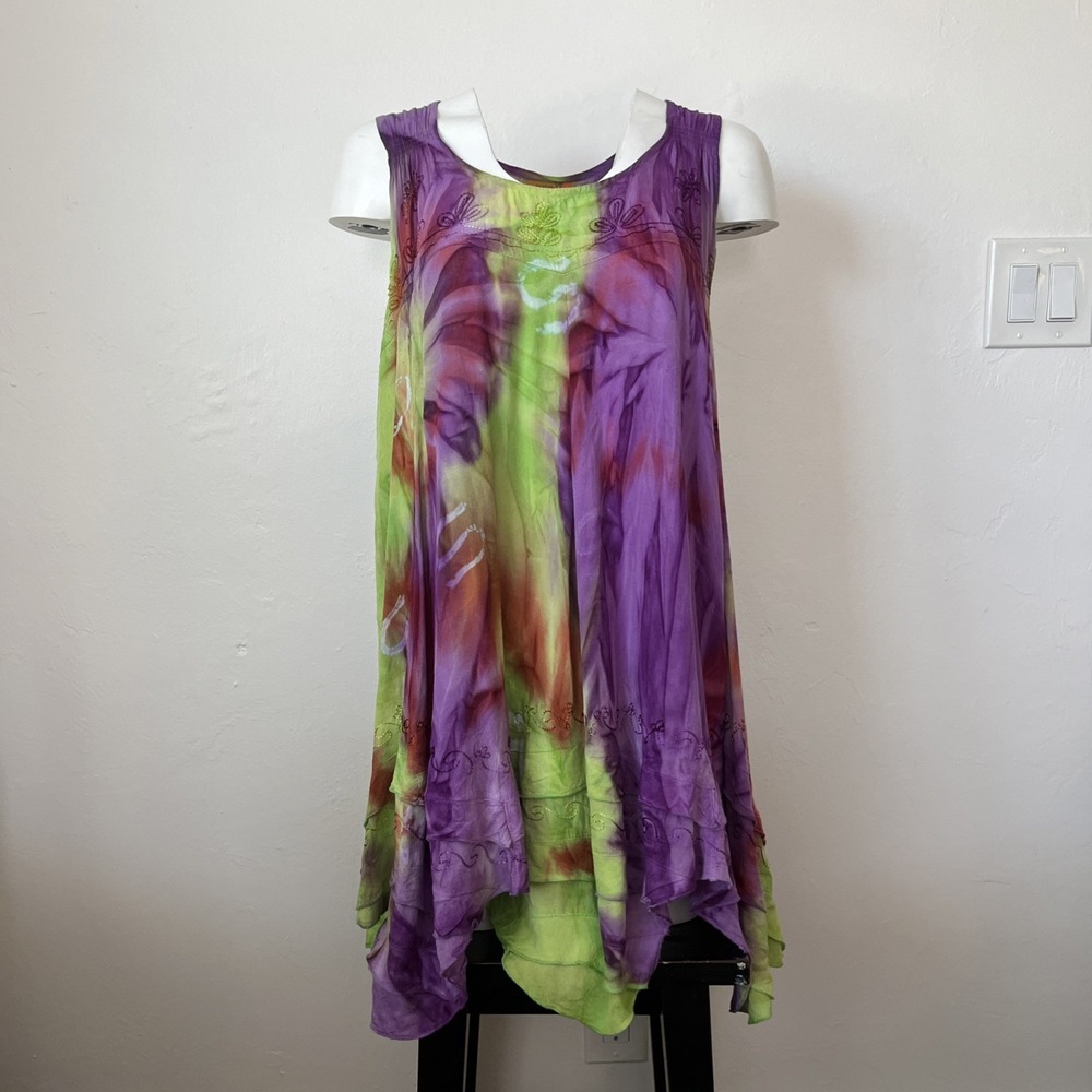 Sakkas Sleeveless Boho Sundress Tie-Dye Purple Embroidered Green Red Free Size